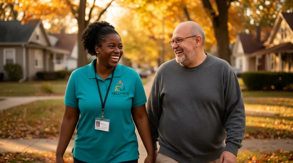 DSP jobs in Toledo Ohio. A direct support professional caregiver walking with a client in Lucas County at Reliance Care Solutions.