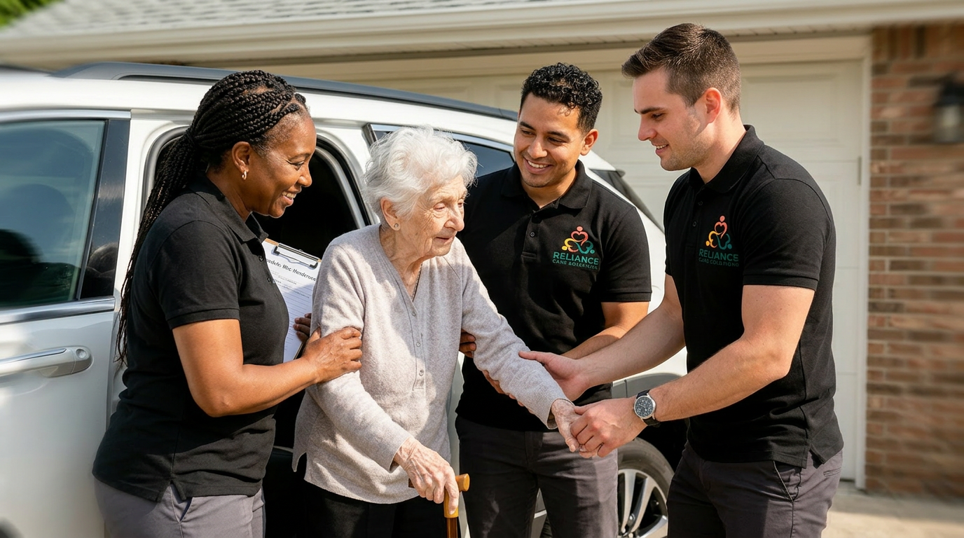 Reliance caregiver helping an elderly client out of a vehicle