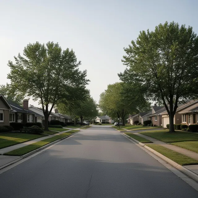 Quiet residential street with mature trees and ranch homes in Northwood, Ohio