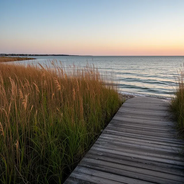 Boardwalk over marsh grasses at Maumee Bay State Park in Oregon, Ohio at sunrise
