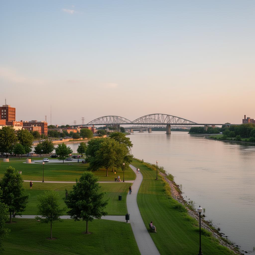 Rossford, Ohio riverfront park along the Maumee River with the Veterans Glass City Skyway in the distance