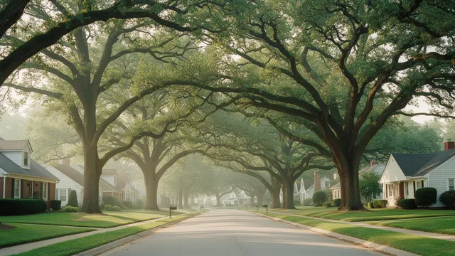 Tree-lined residential street under a mature oak canopy in Sylvania, Ohio