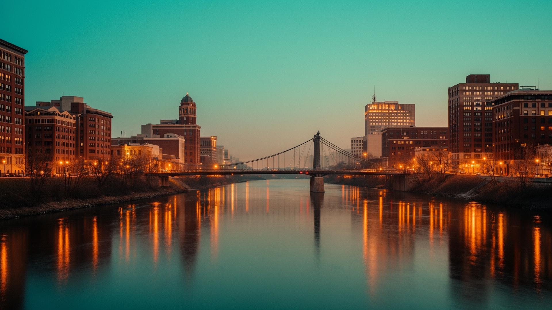 Downtown Toledo, Ohio skyline at dusk along the Maumee River, suspension bridge in foreground