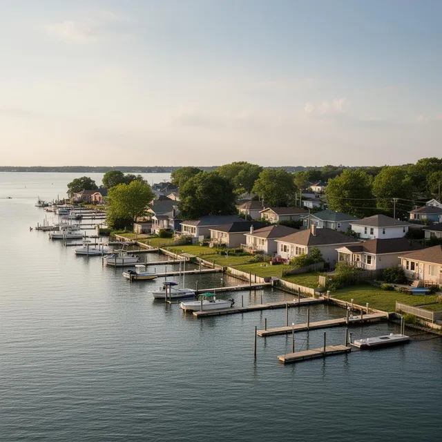 Boats and small docks along the Maumee Bay waterfront in the Point Place neighborhood of Toledo, Ohio
