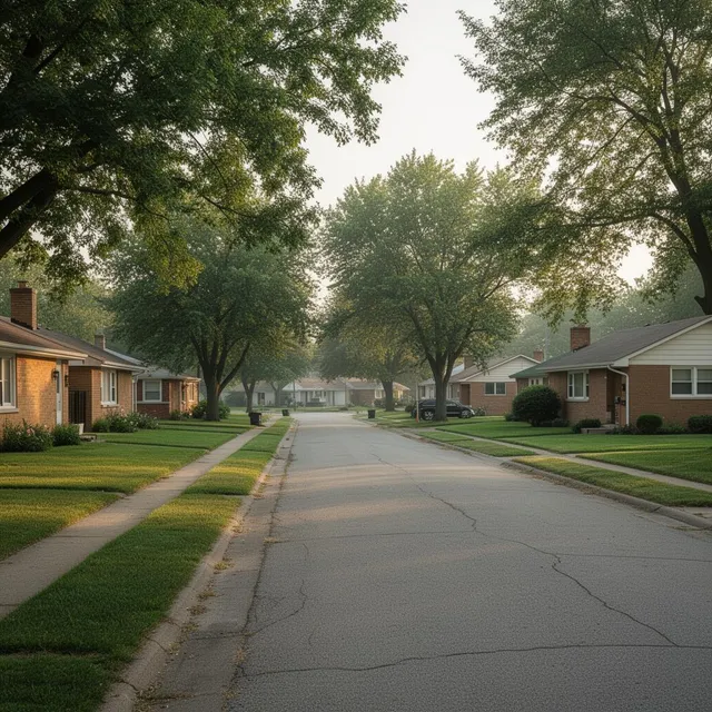 Tree-lined residential street in West Toledo, Ohio with mid-century ranch homes