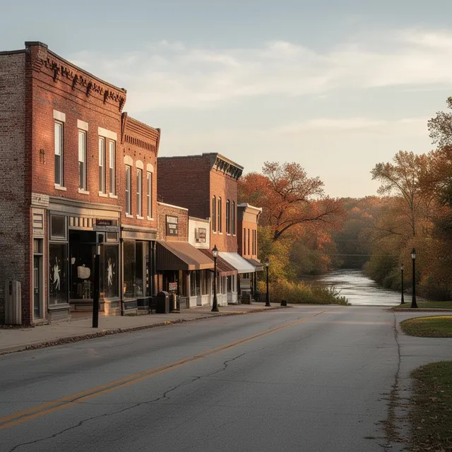 Historic brick storefronts along Farnsworth Road near the Maumee River in Waterville, Ohio