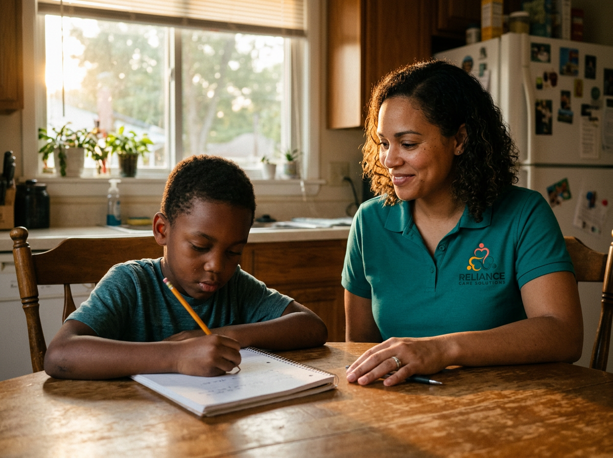 Reliance Care Solutions direct support professional in a branded teal polo helping a young boy with homework at a kitchen table