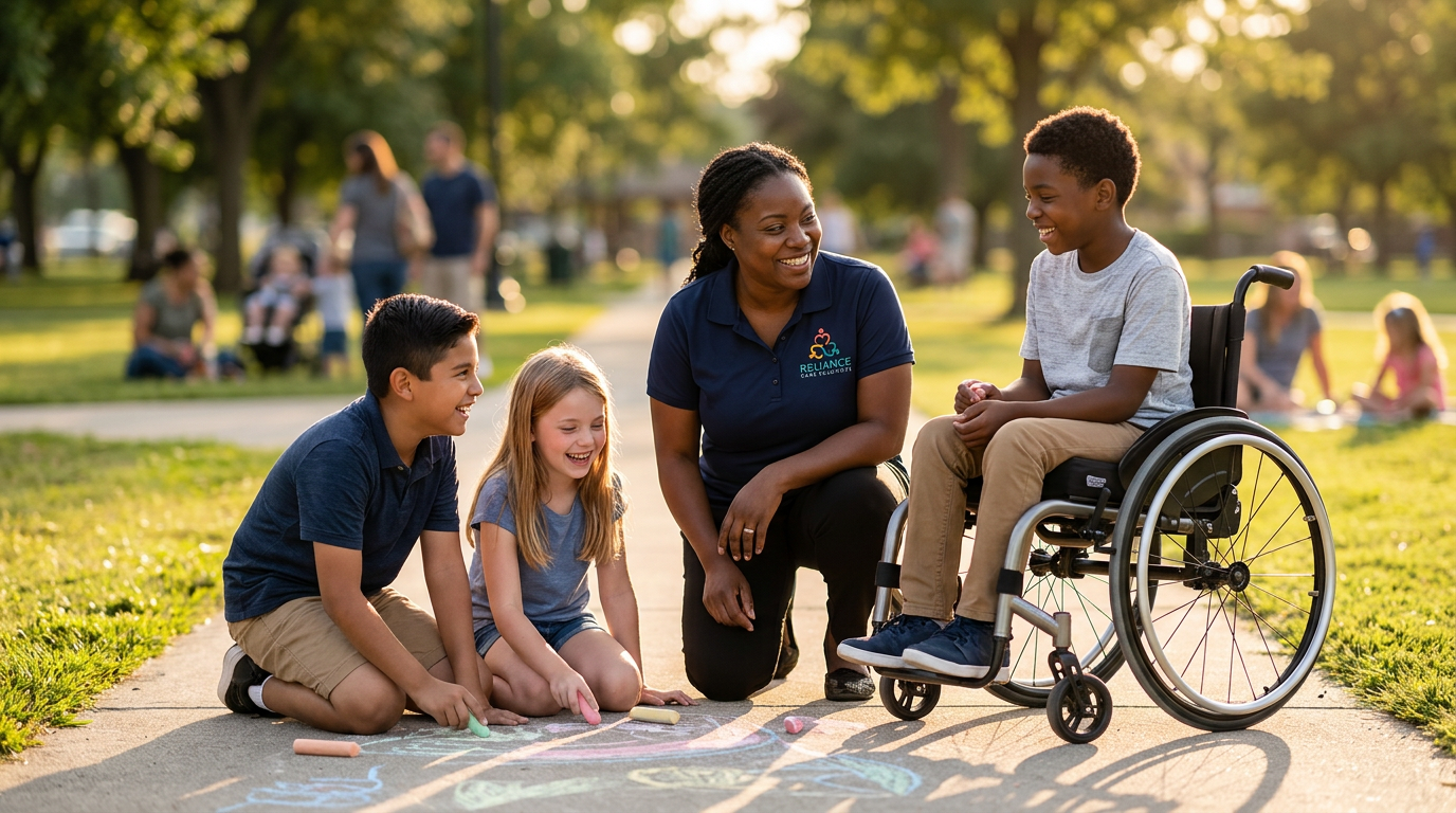Reliance Care Solutions direct support professional in a branded polo with a diverse group of Ohio youth at a community park